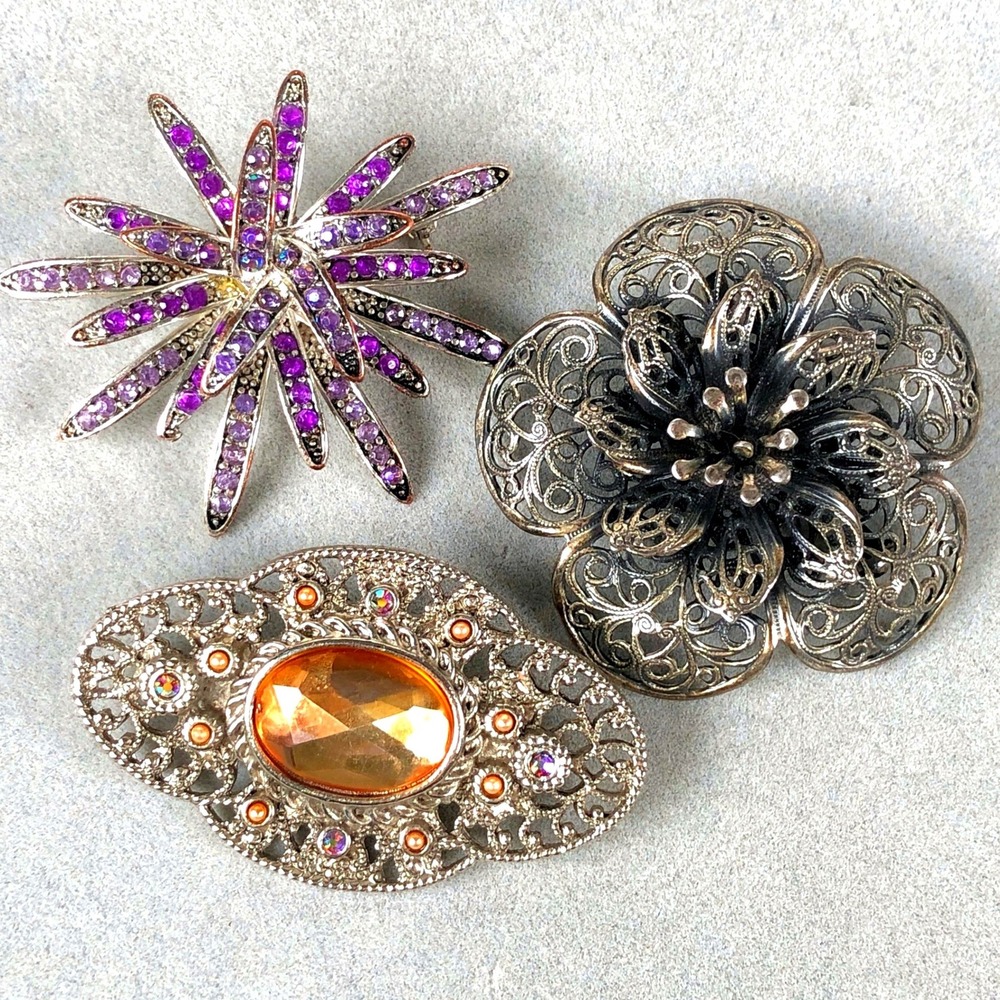 Vintage Brooch Pin Lot Purple‎ Rhinestone Starburst Silver Tone Floral Filigree